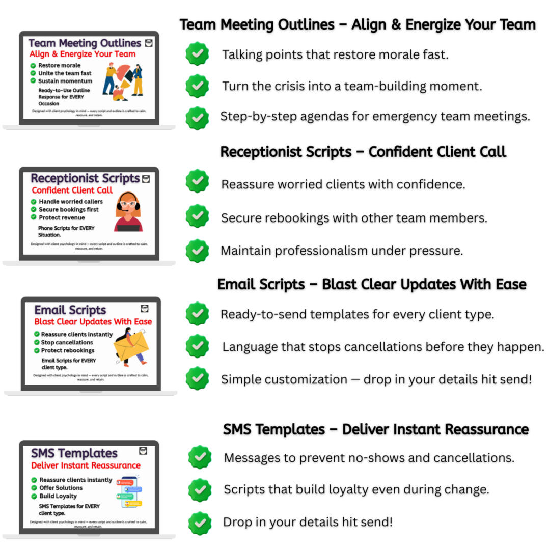 Receptionist calmly handling client calls after staff walkout — part of the 24-Hour Team Crisis Plan for salons and barbershops to protect revenue, client trust, and appointment continuity.