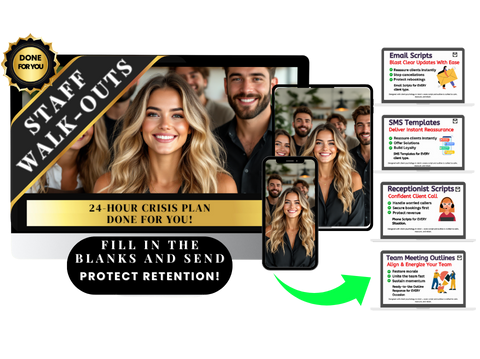 Receptionist calmly handling client calls after staff walkout — part of the 24-Hour Team Crisis Plan for salons and barbershops to protect revenue, client trust, and appointment continuity.